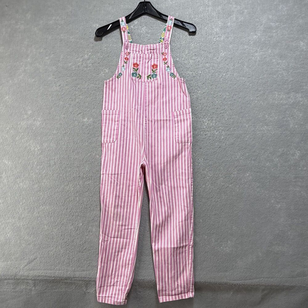 Mini Boden Overalls Romper Kids Girls Size 7-8Y Pink Stripe Flowers Cotton Blend
